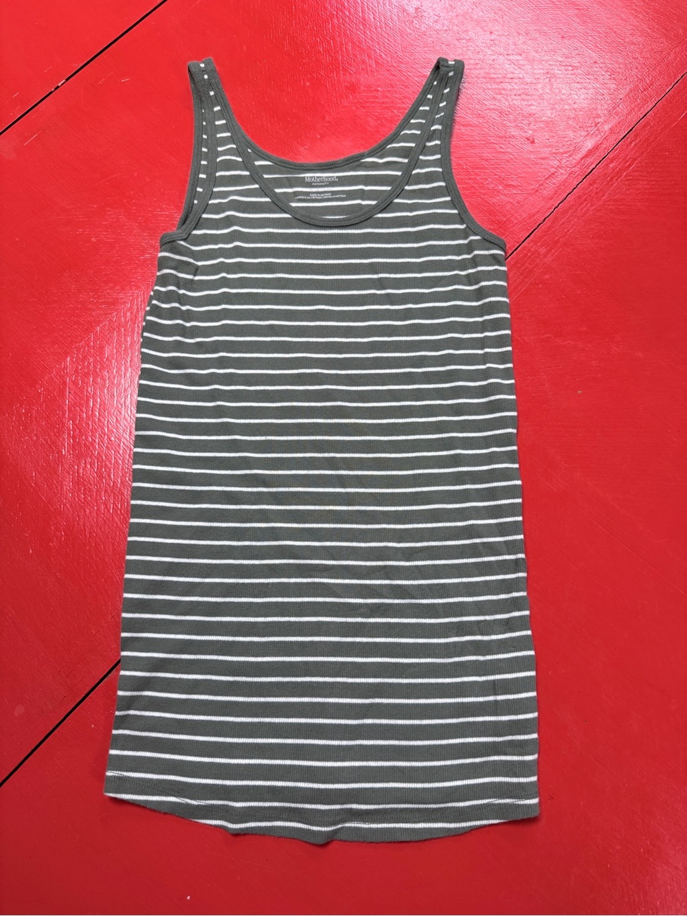 MOTHERHOOD MATERNITY OLIVE AND WHITE STRIPED RIBBED TANK TOP